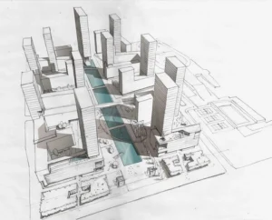 Master plan preliminare per un intervento di 200.000 mq con residenze, uffici e servizi